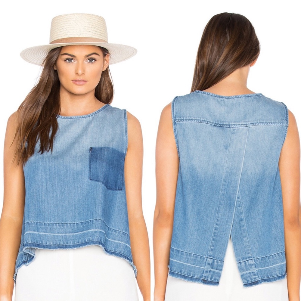 Cloth & Stone Split Back Raw Hem Ombré Wash Denim Sleeveless Top XS